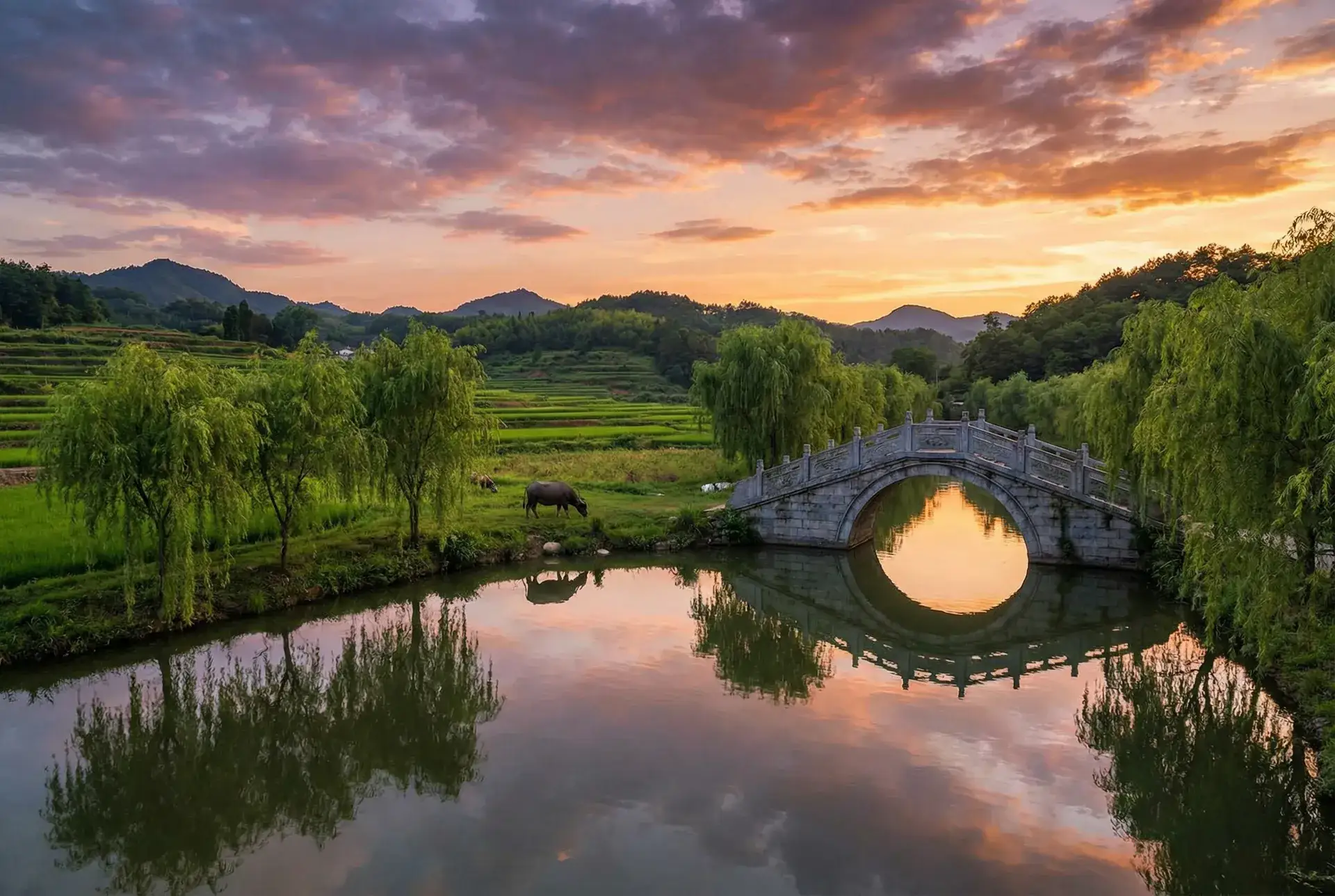 夕阳下的石拱桥与垂柳，水牛在河边吃草 - 老色鬼在线精品视频 乡村美景